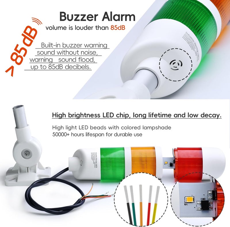 ZGSZJHF 3-Layer Led Signal Tower Stack Lights, Industrial Signal Warning Lights, Column Tower Lamp with Rotatable Base Steady 24V DC/AC with Buzzer - Image 4